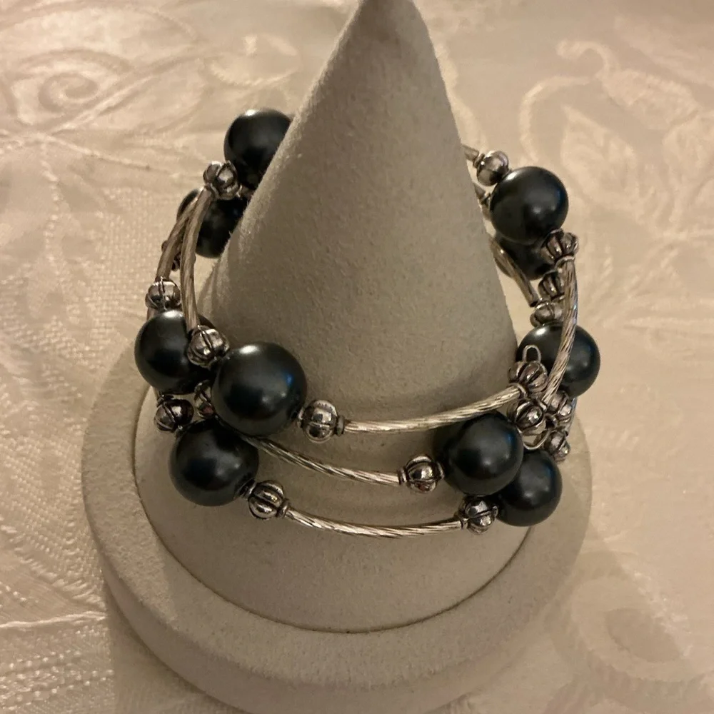 Gray Faux Pearl Silver Tone Coil Bracelet